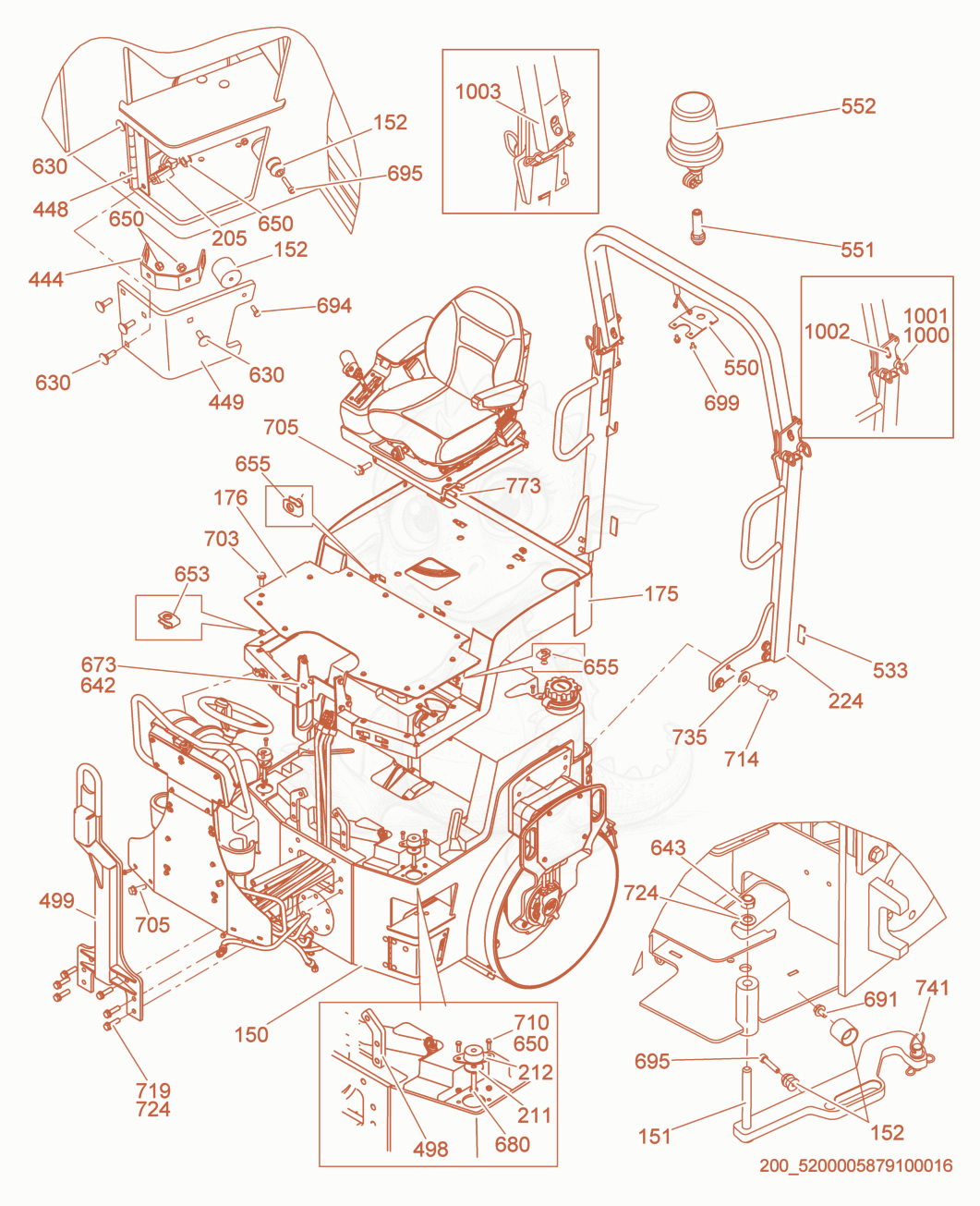 Exploded parts diagram of the ROPS Protection/Seat Unit of a Wacker Neuson RD27-120, with numbered balloons
