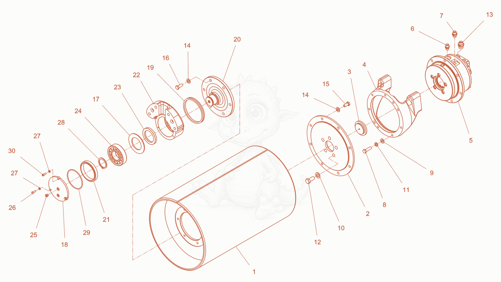 Exploded parts diagram of the Drum cpl. (back) of a Wacker Neuson RD7YEHFBHRC, with numbered balloons