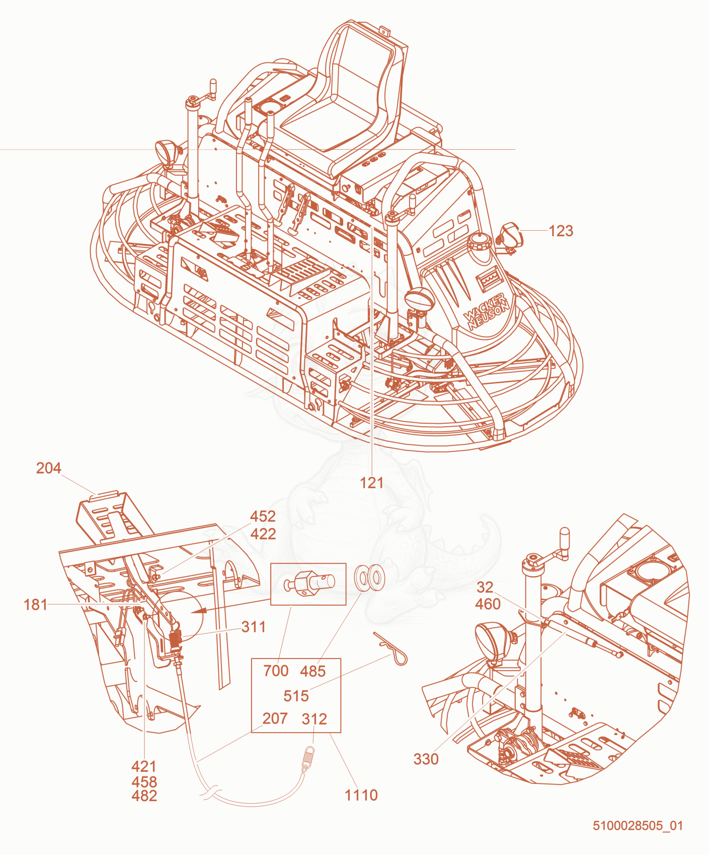 Exploded parts diagram of the Machine cpl./Foot Pedal of a Wacker Neuson CRT48-37V, with numbered balloons