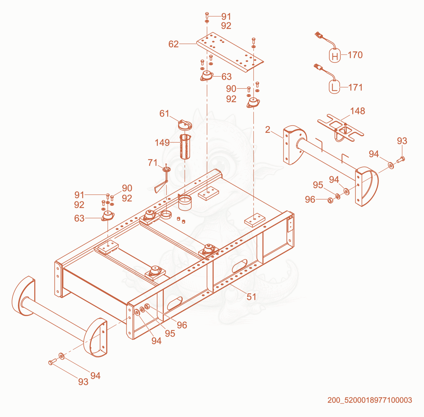 Exploded parts diagram of the Skid cpl. of a Wacker Neuson APT4SCW, with numbered balloons