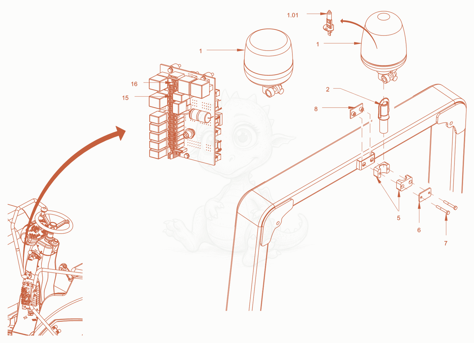 Exploded parts diagram of the rotary beacon (rops) of a Wacker Neuson RD45-140US, with numbered balloons