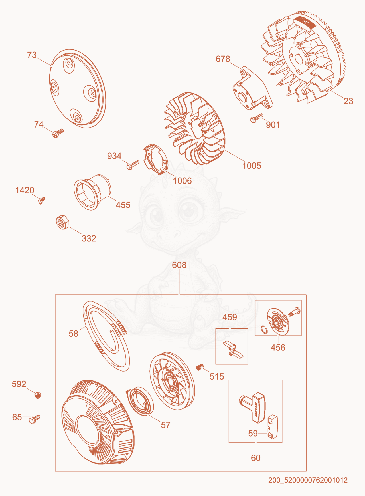 Exploded parts diagram of the Flywheel/Starter of a Wacker Neuson GPS9700, with numbered balloons