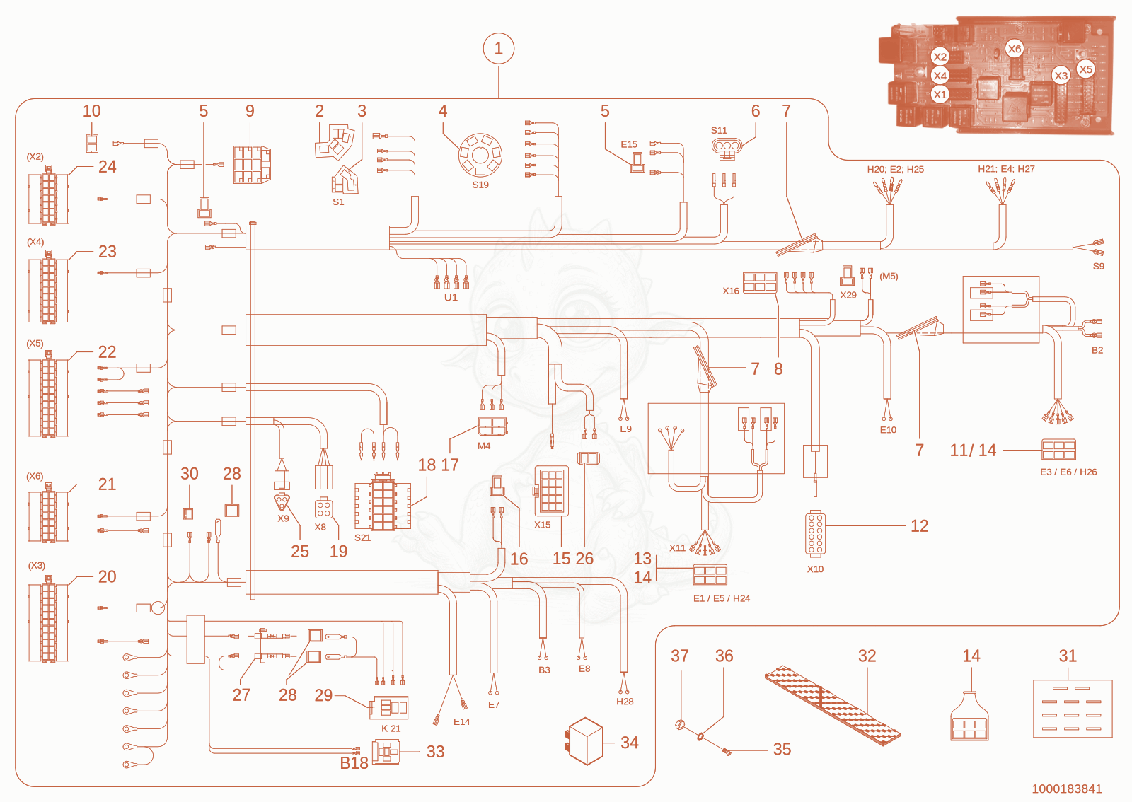 Exploded parts diagram of the wiring harness of a Wacker Neuson 1150, with numbered balloons