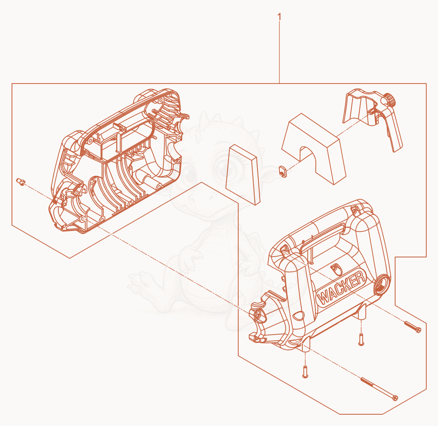 Exploded parts diagram of the Motor Housing assemebly of a Wacker Neuson M1000/120/NONCUL, with numbered balloons