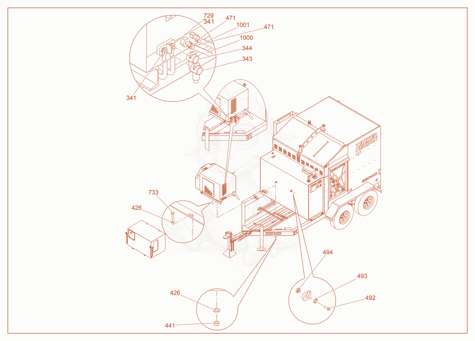 Exploded parts diagram of the Generator Mount cpl. of a Wacker Neuson E3000, with numbered balloons