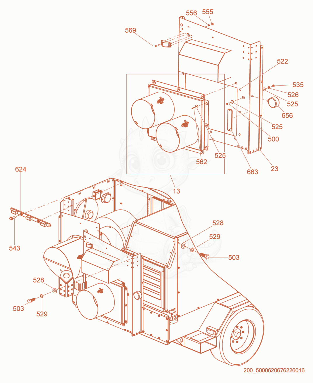 Despiece del Rear Enclosure cpl. de una máquina Wacker Neuson ARCTICBEARXHD, con globos numerados