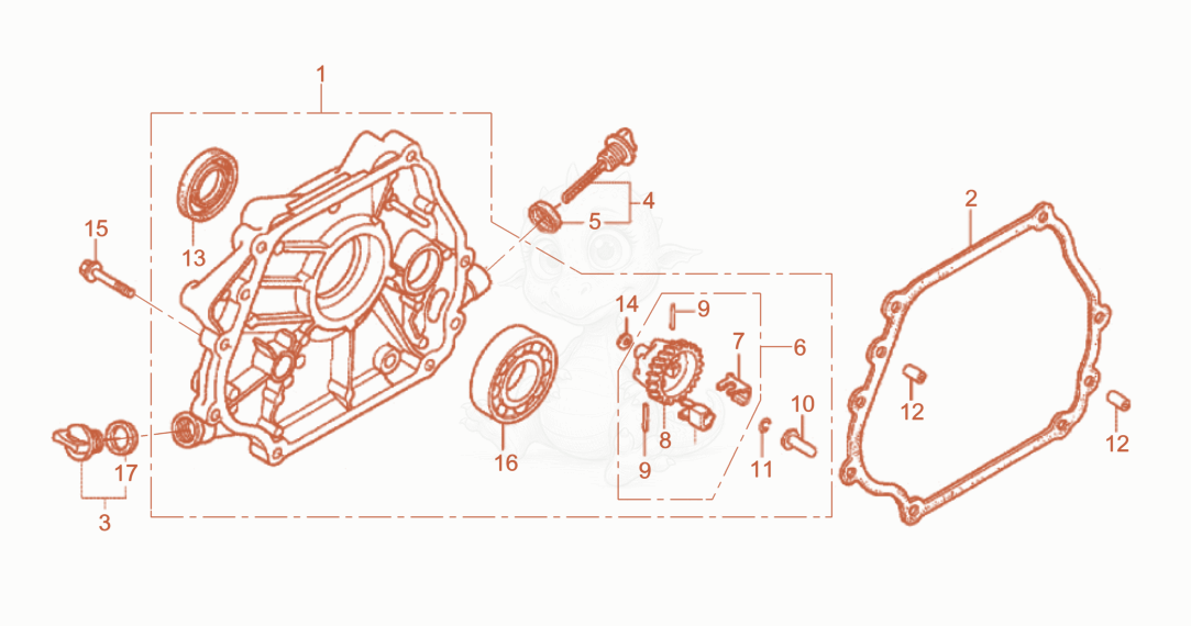 Despiece del Crankcase cover de una máquina Wacker Neuson BT48A, con globos numerados