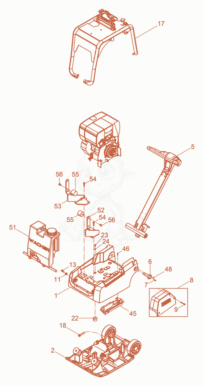 Exploded parts diagram of the Vibration Plate of a Wacker Neuson DPU3050HWUSARMY, with numbered balloons