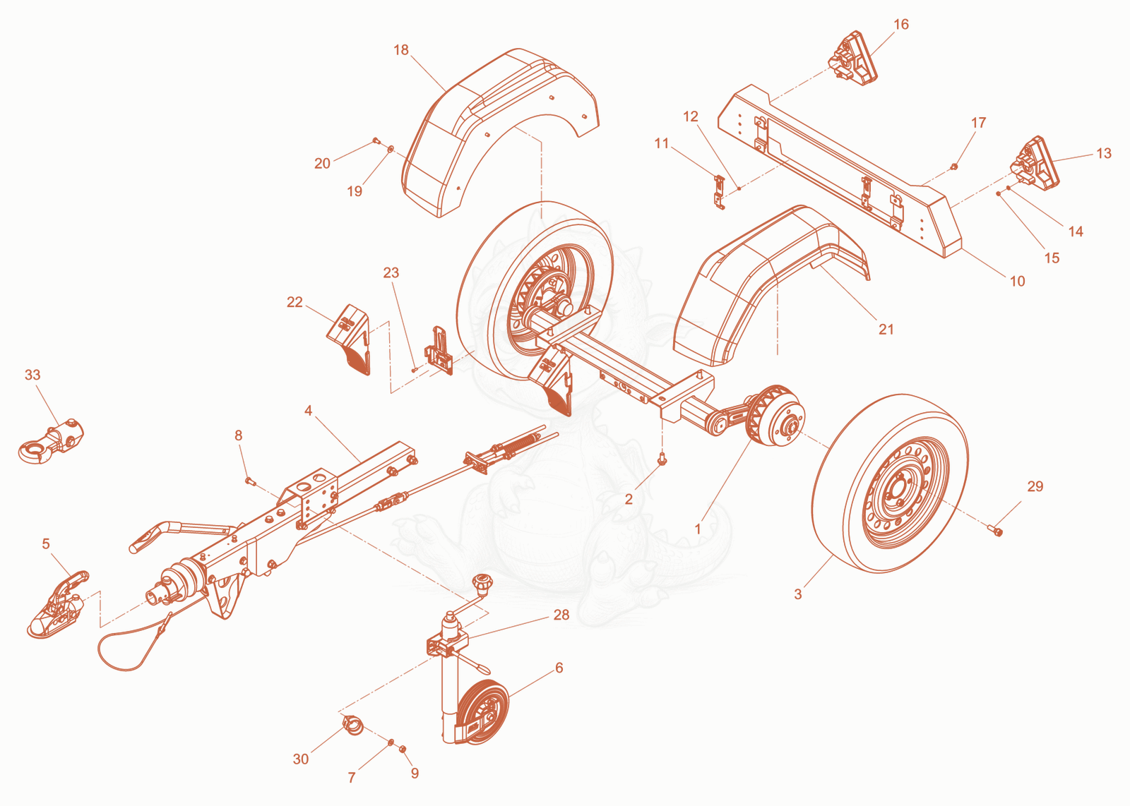 Exploded parts diagram of the Trailer with brake of a Wacker Neuson LTN5YUK, with numbered balloons