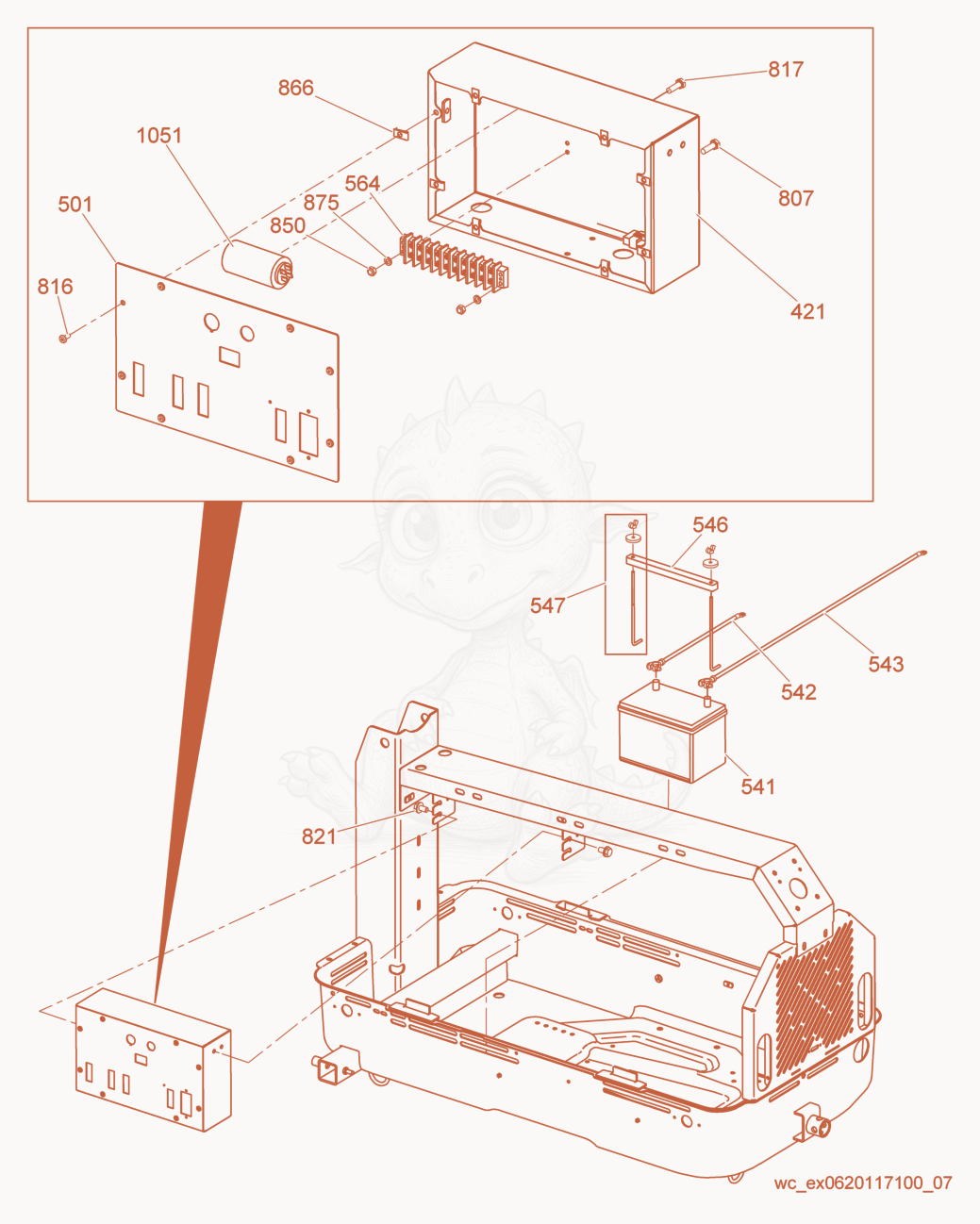 Exploded parts diagram of the Control Box/Battery of a Wacker Neuson LTN6LE, with numbered balloons