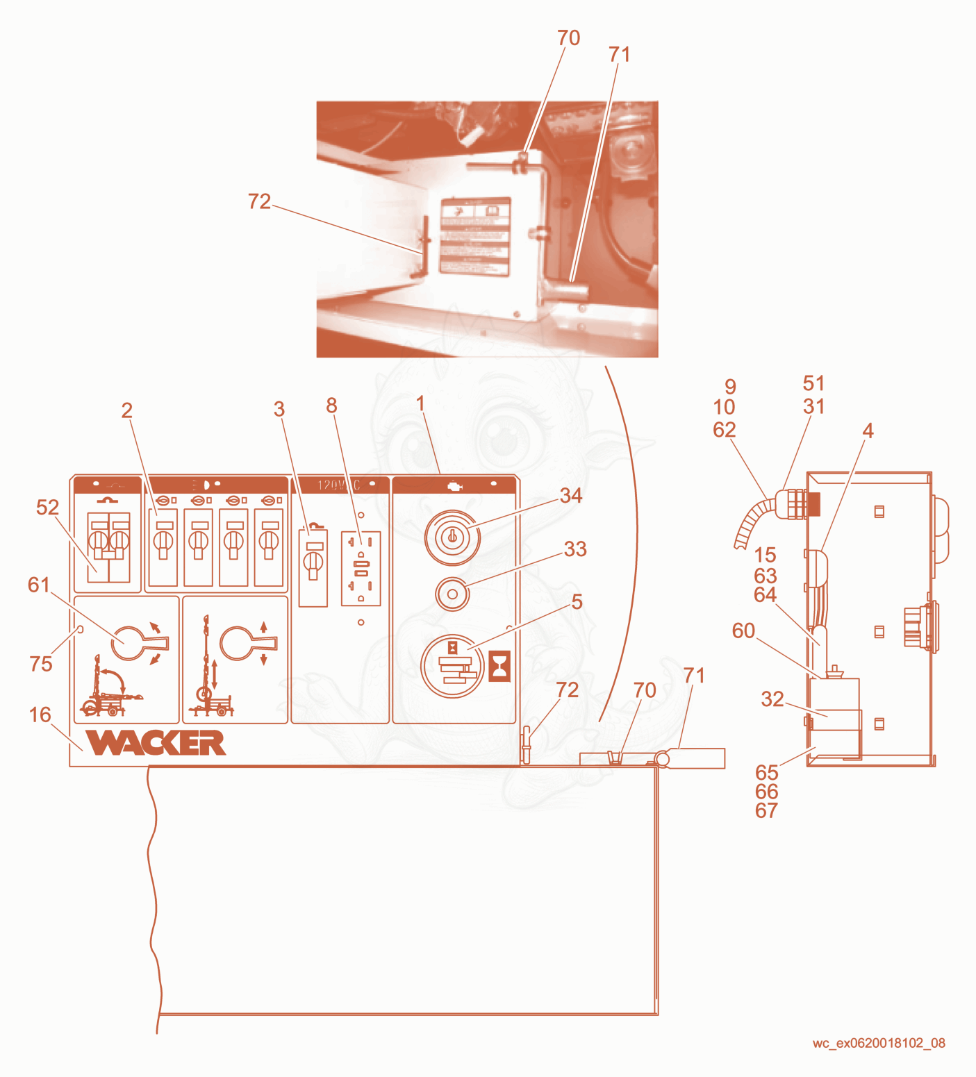 Despiece del Control Box cpl. de una máquina Wacker Neuson LTC4L-P, con globos numerados