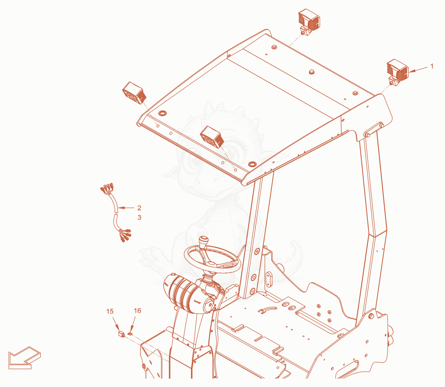 Exploded parts diagram of the additional lighting of a Wacker Neuson RD18-100.3, with numbered balloons