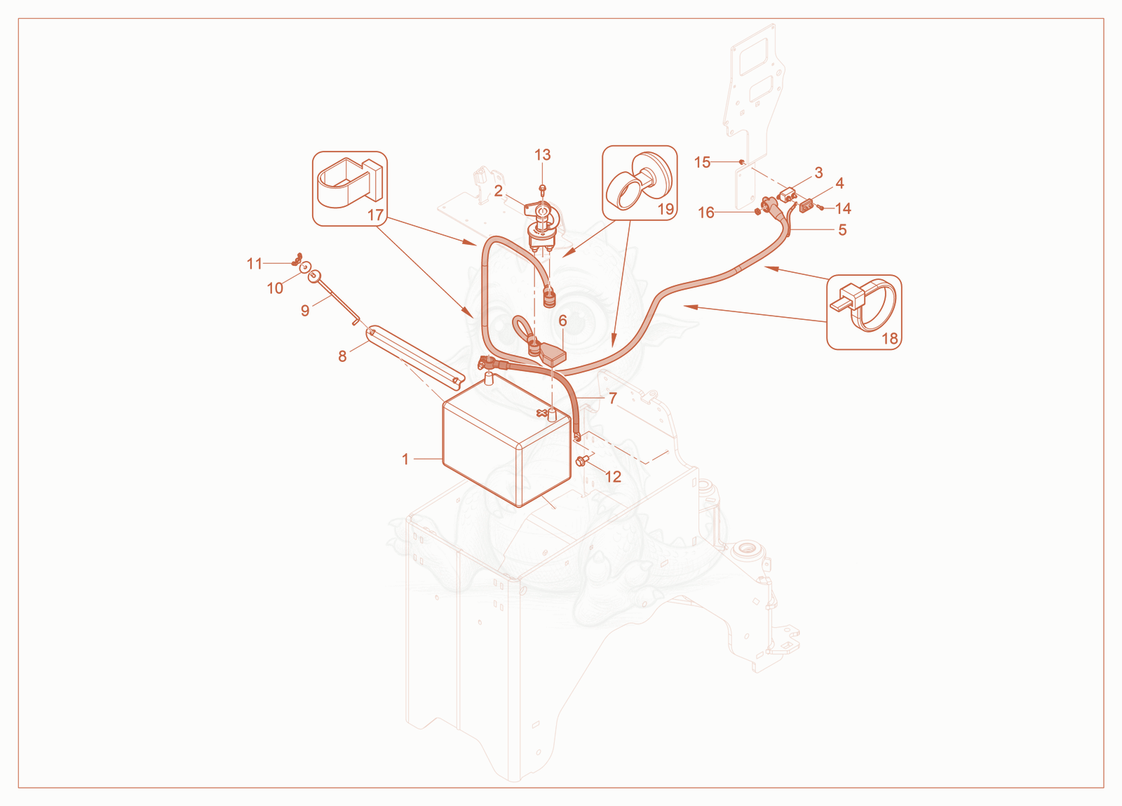 Exploded parts diagram of the Battery - Battery Cables of a Wacker Neuson RT-SC4, with numbered balloons