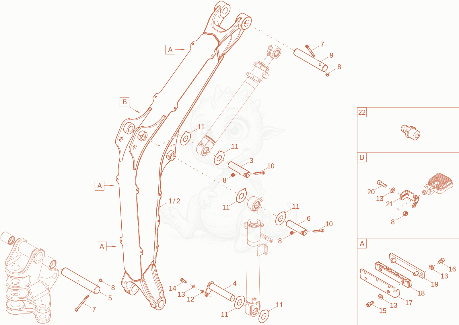 Exploded parts diagram of the lift arm of a Wacker Neuson ET25-2, with numbered balloons