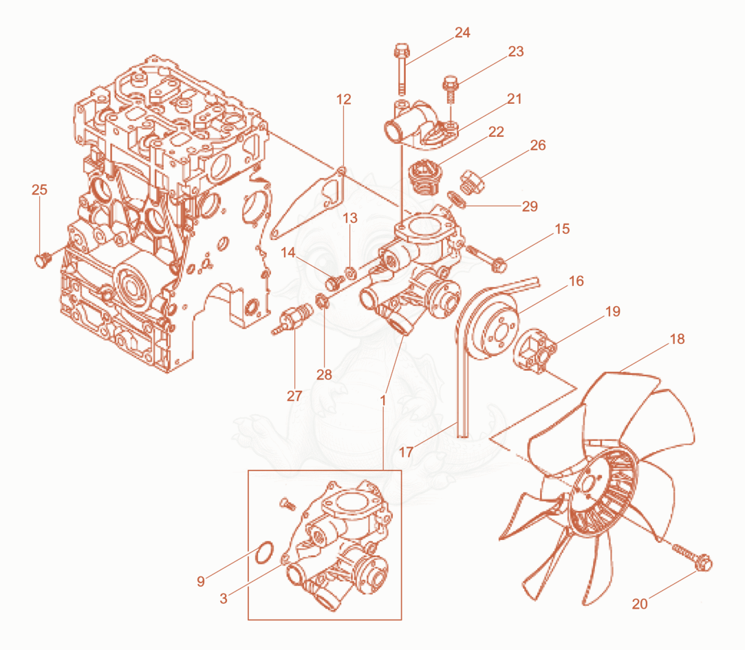 Exploded parts diagram of the cooling of a Wacker Neuson LTN5YUK, with numbered balloons