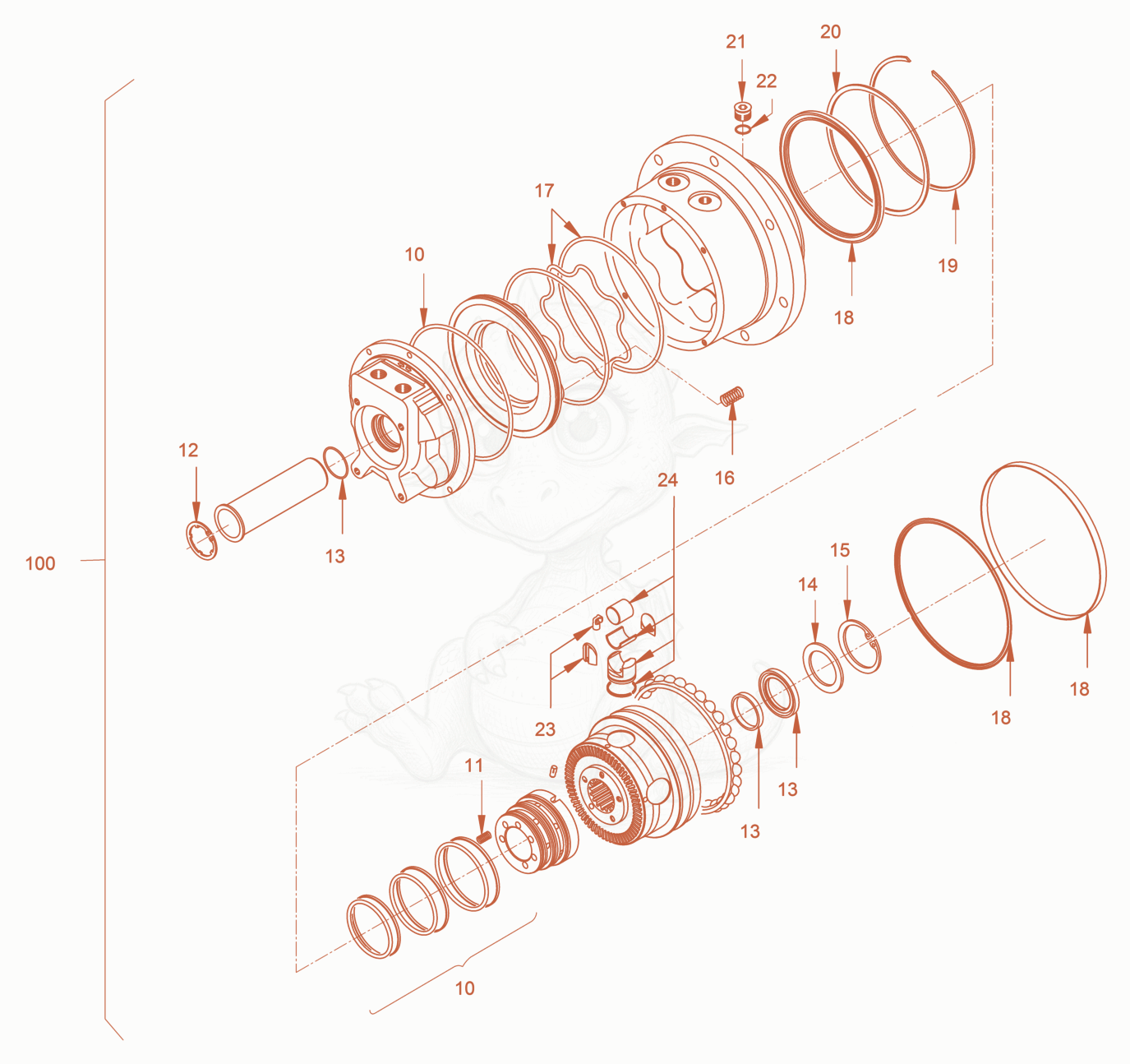 Exploded parts diagram of the gear hub motor of a Wacker Neuson RD18-80SE, with numbered balloons