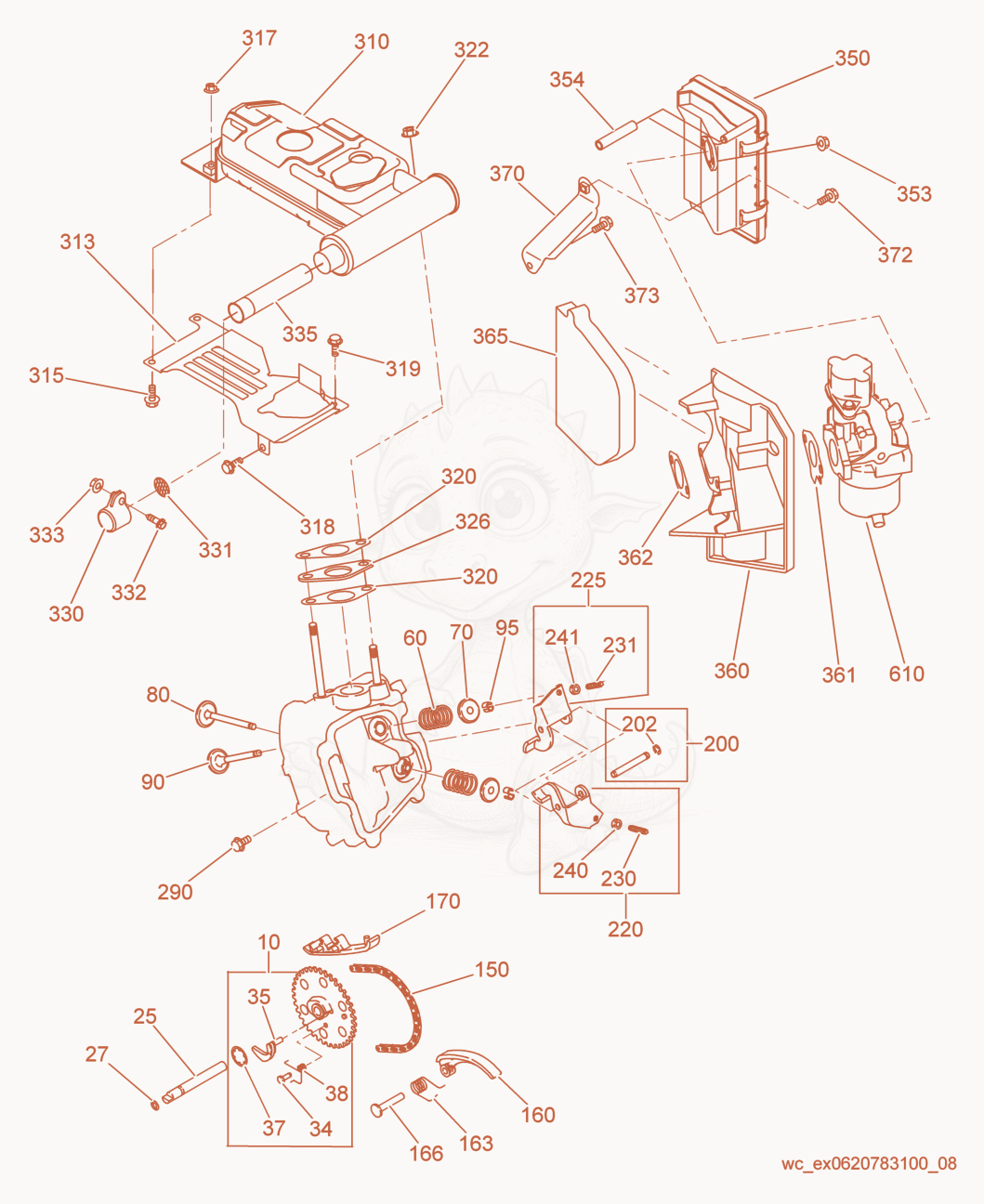 Despiece del Muffler/Intake/Exhaust Valves/Camshaft de una máquina Wacker Neuson GPSI4300, con globos numerados