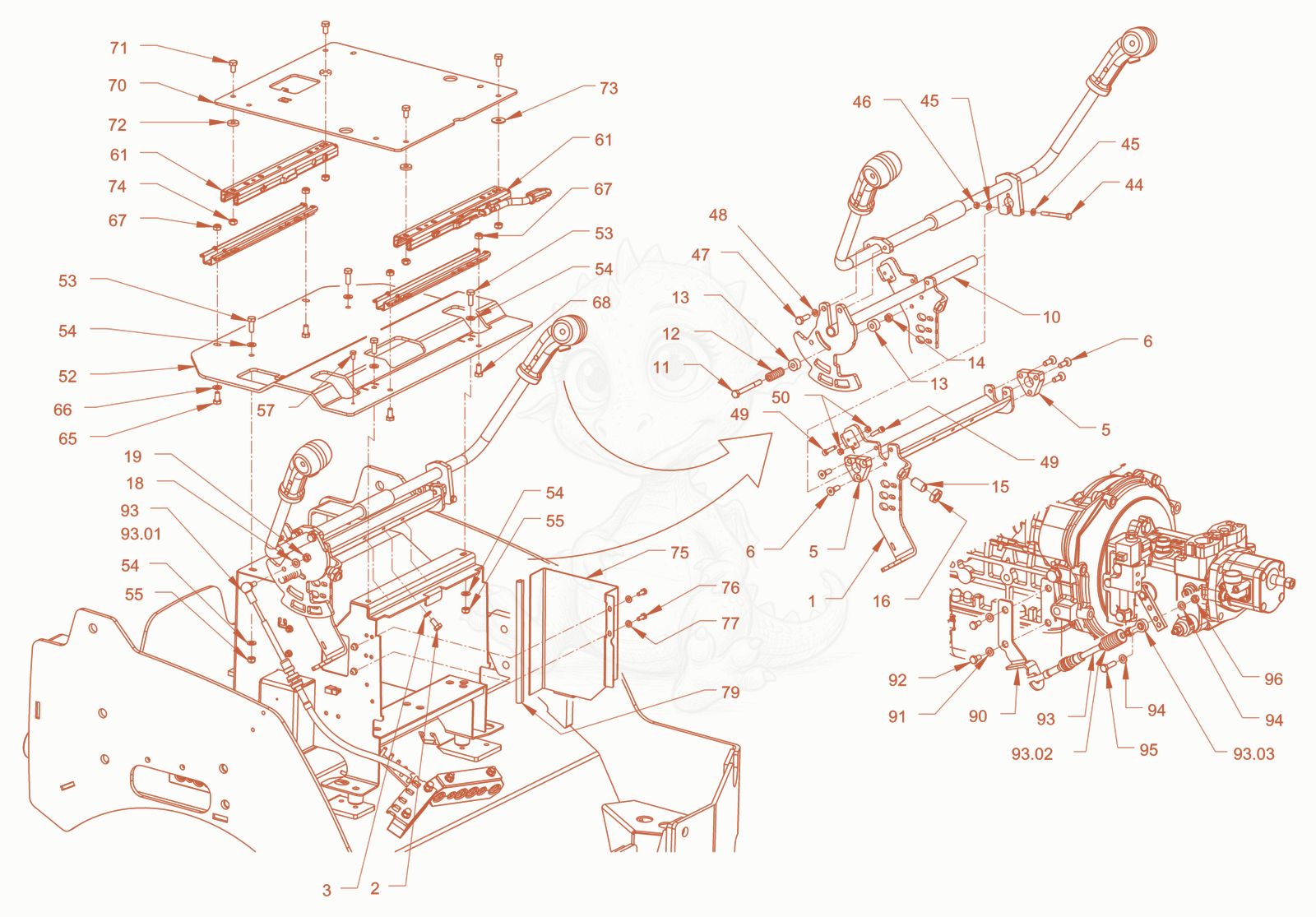 Exploded parts diagram of the drive shifting of a Wacker Neuson RD28-120DPF, with numbered balloons