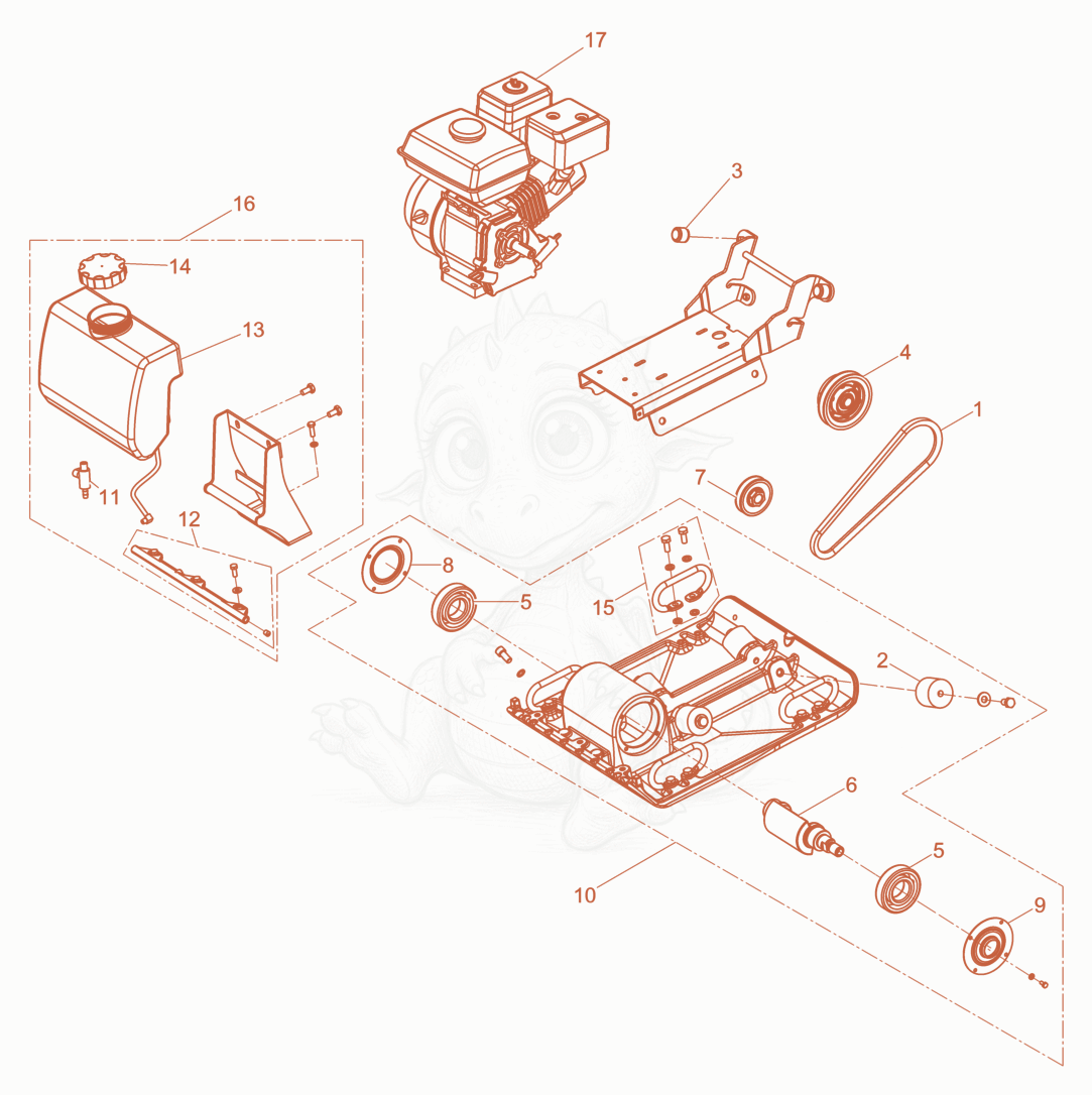 Exploded parts diagram of the Vibration Plate cpl. of a Wacker Neuson MP15-CE, with numbered balloons