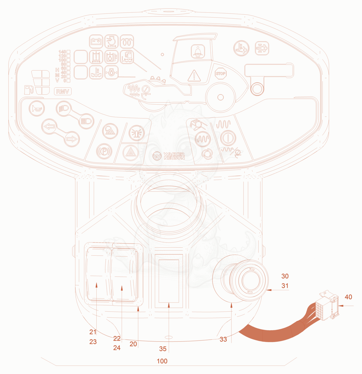 Exploded parts diagram of the instrument panel of a Wacker Neuson RC70PUS, with numbered balloons