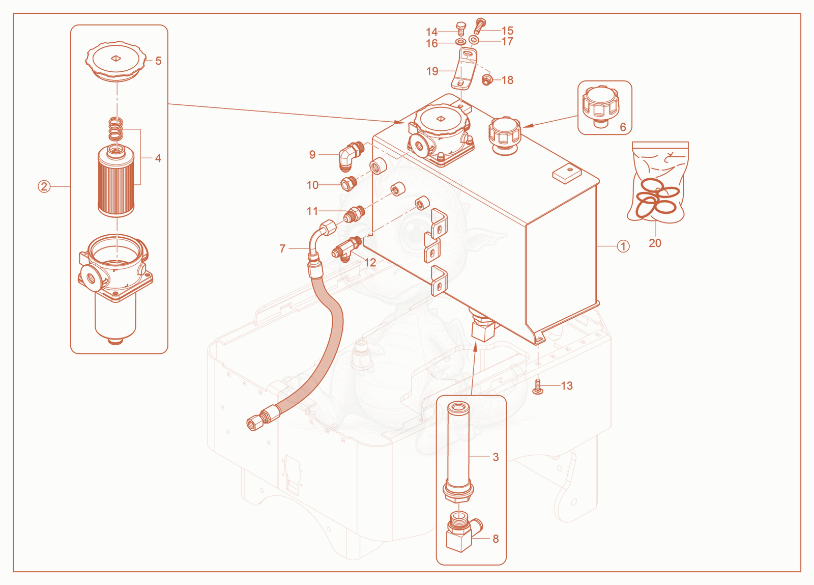 Exploded parts diagram of the Hydraulic Tank of a Wacker Neuson RTSC3, with numbered balloons