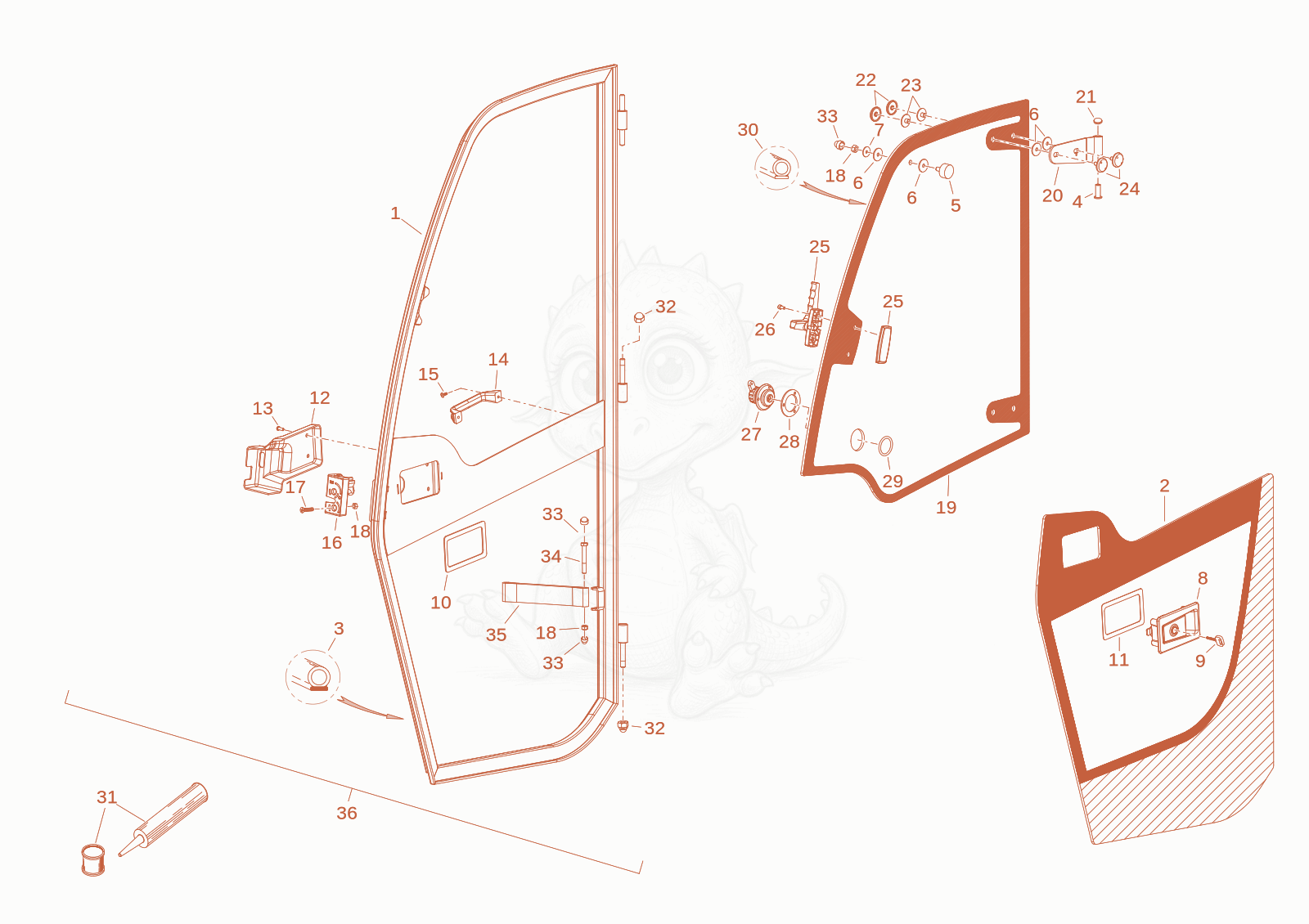 Exploded parts diagram of the door of a Wacker Neuson TH412, with numbered balloons