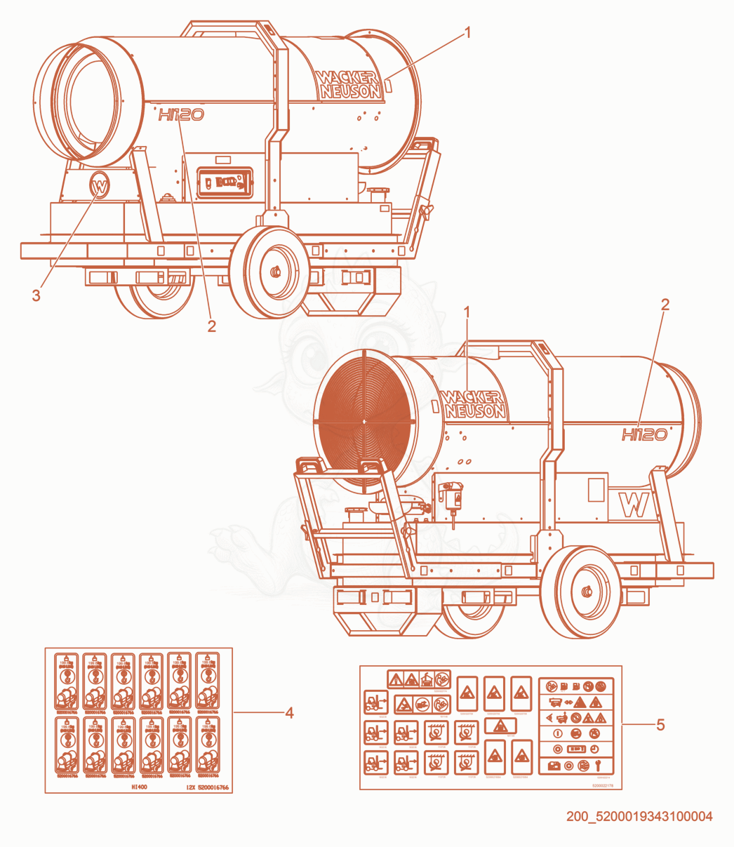 Exploded parts diagram of the Labels of a Wacker Neuson HI120HD, with numbered balloons