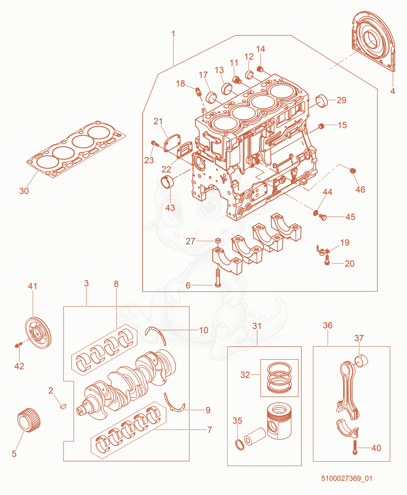 Exploded parts diagram of the Cylinder Block of a Wacker Neuson G50, with numbered balloons