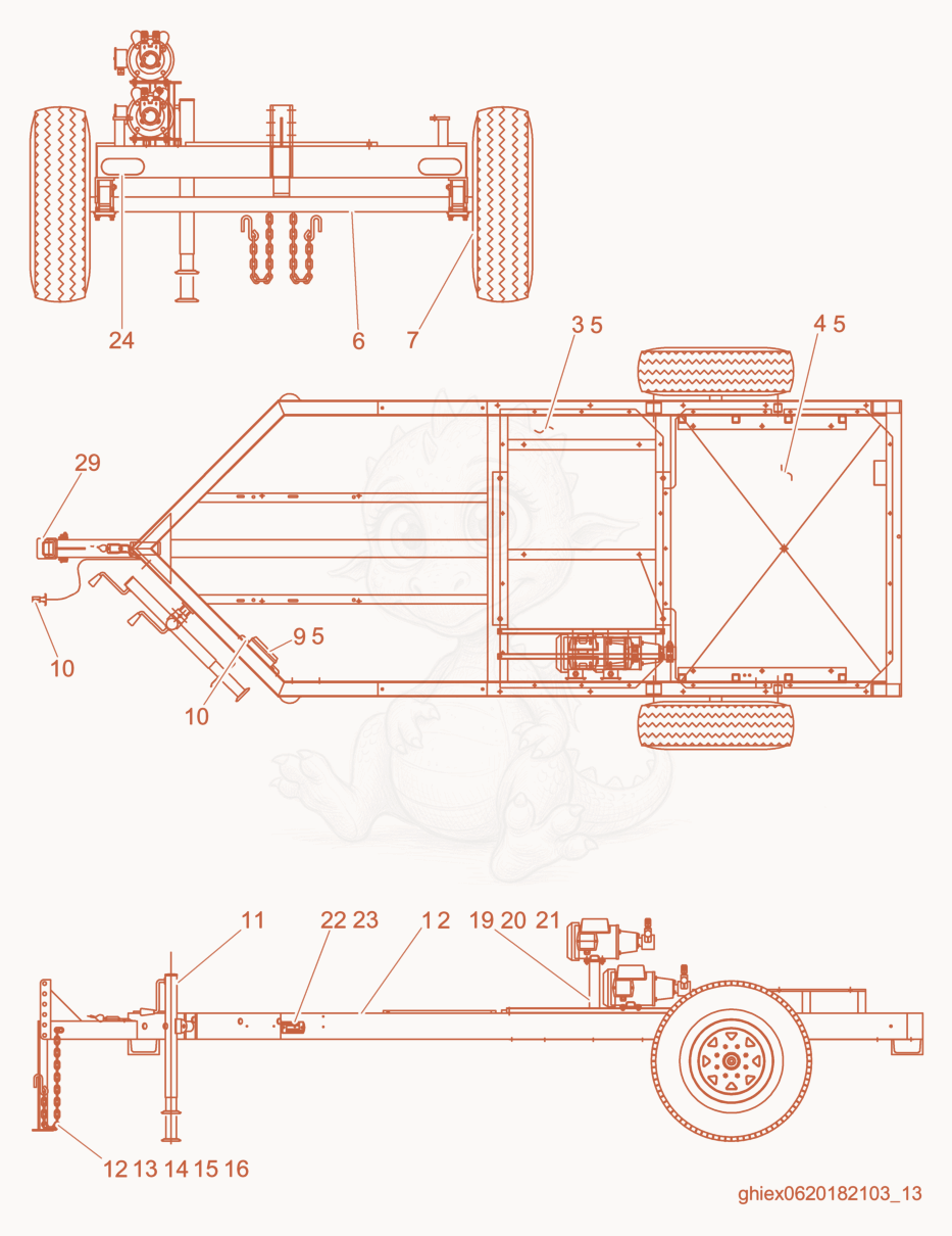 Despiece del Trailer frame cpl. de una máquina Wacker Neuson S3000, con globos numerados