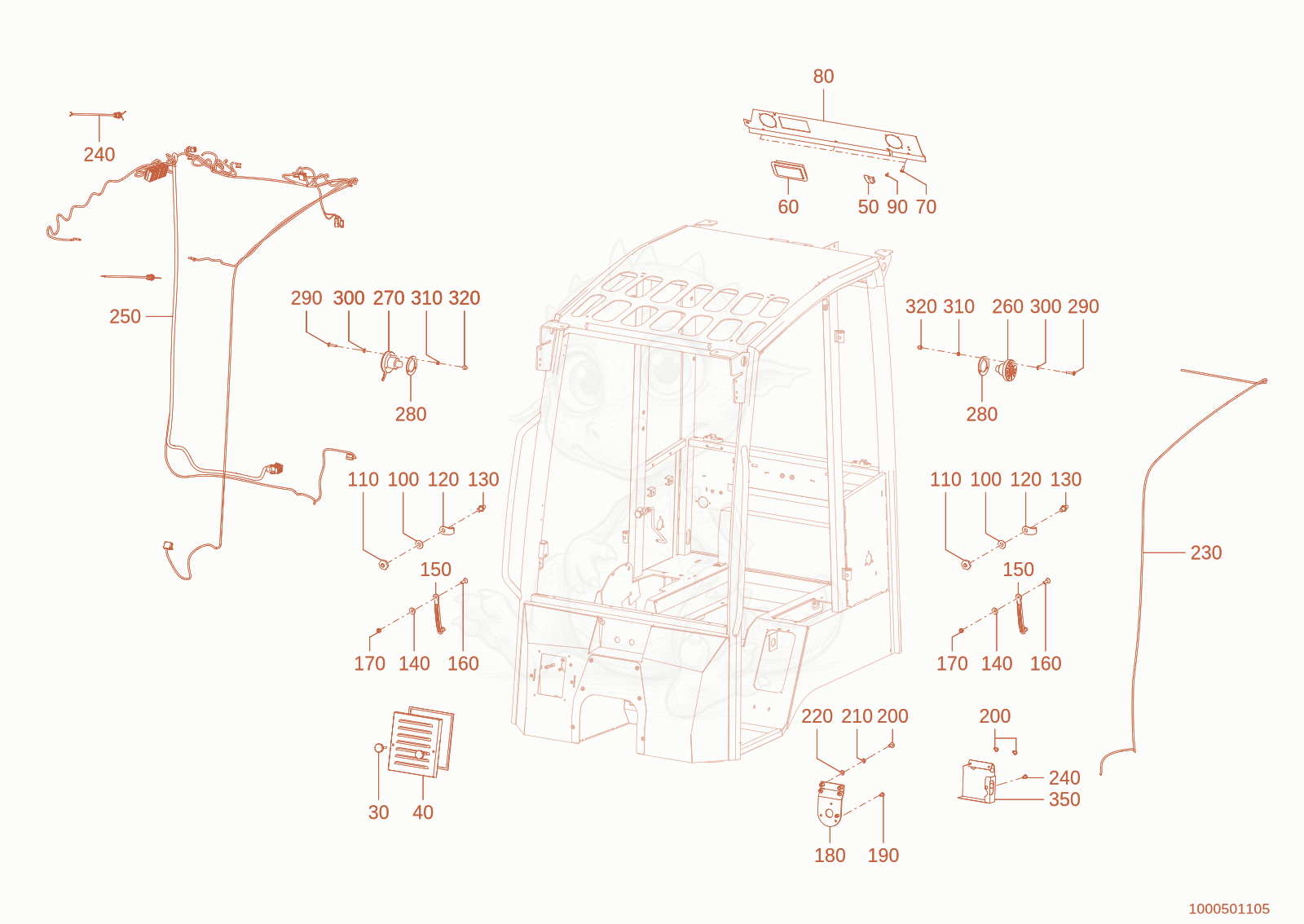 Exploded parts diagram of the mounting set cabine of a Wacker Neuson WL300E(A15-01), with numbered balloons