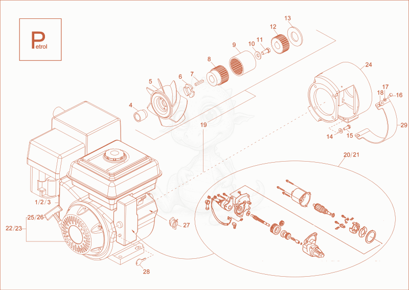 Exploded parts diagram of the petrol engine of a Wacker Neuson DT08, with numbered balloons