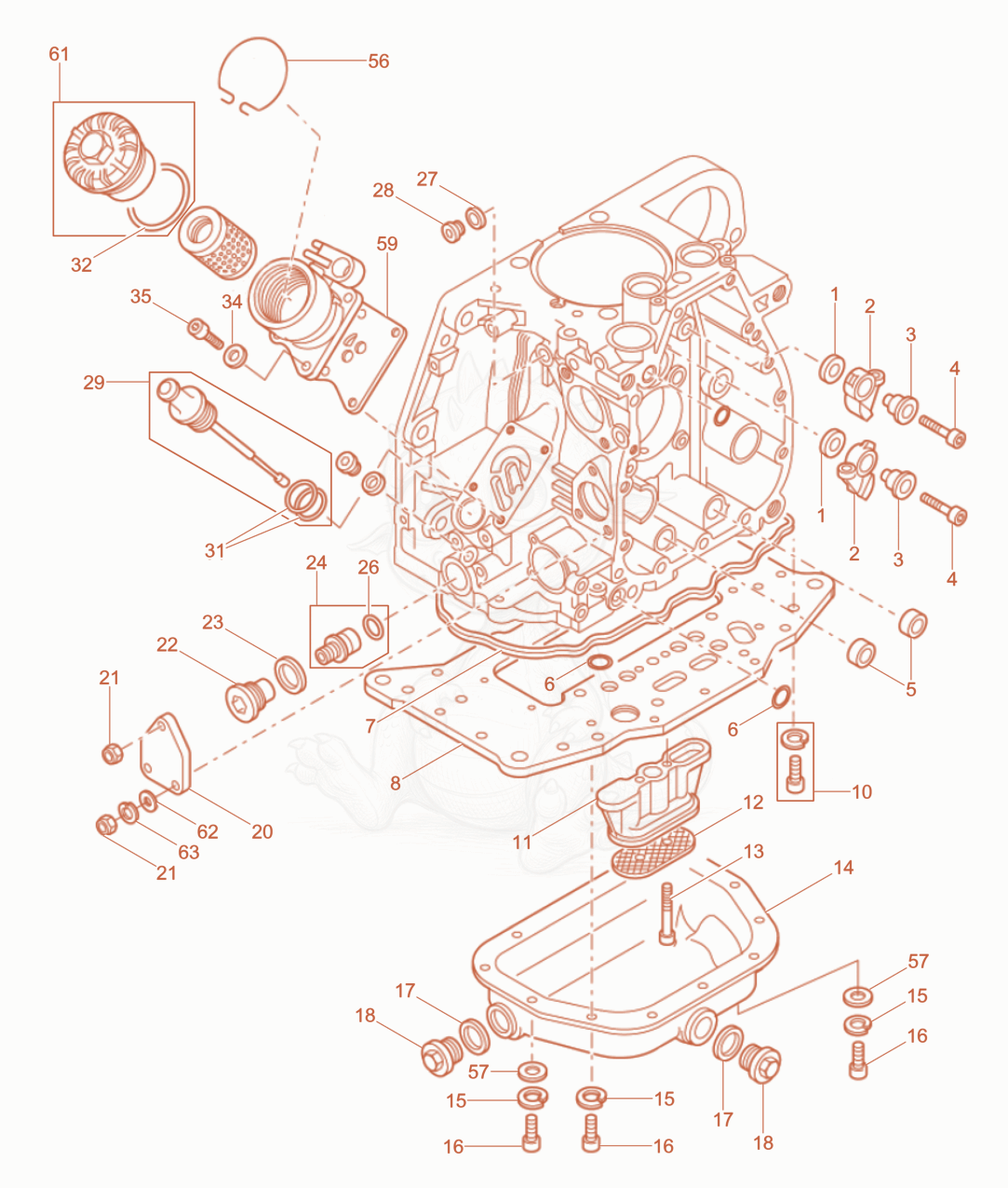 Exploded parts diagram of the Crankcase of a Wacker Neuson RD7HEHFB, with numbered balloons