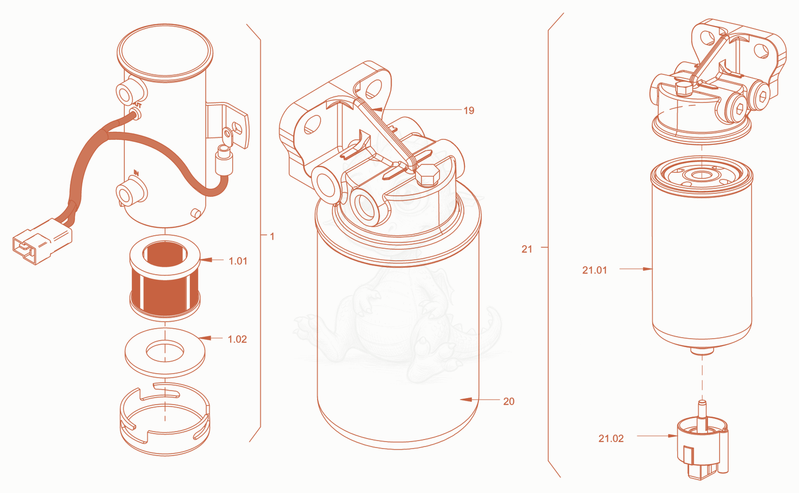 Exploded parts diagram of the fuel filter of a Wacker Neuson RD28-120DPF, with numbered balloons