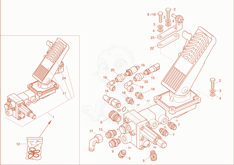 Exploded parts diagram of the BRAKE VALVE of a Wacker Neuson EW65, with numbered balloons