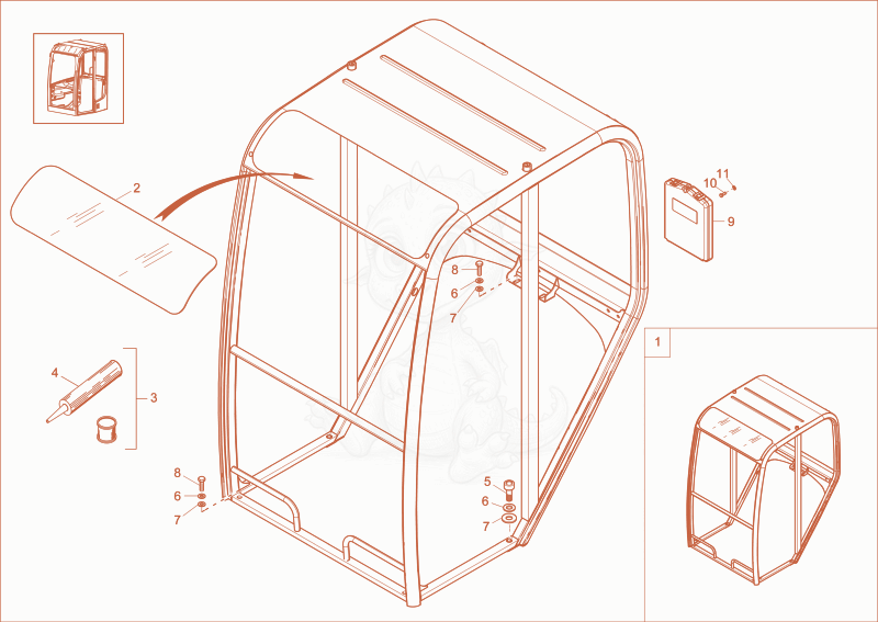 Exploded parts diagram of the CABIN FRAME CANOPY of a Wacker Neuson 1404, with numbered balloons