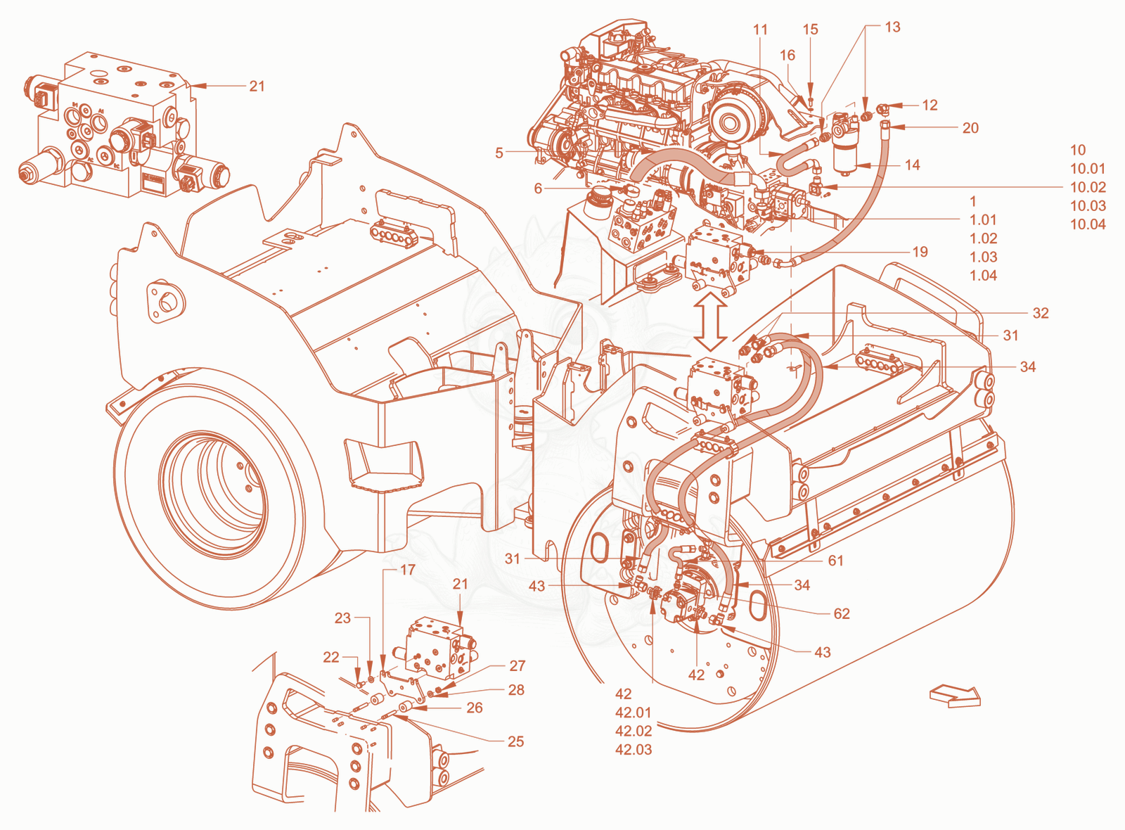 Exploded parts diagram of the vibration drive of a Wacker Neuson RD40-130CDPF, with numbered balloons