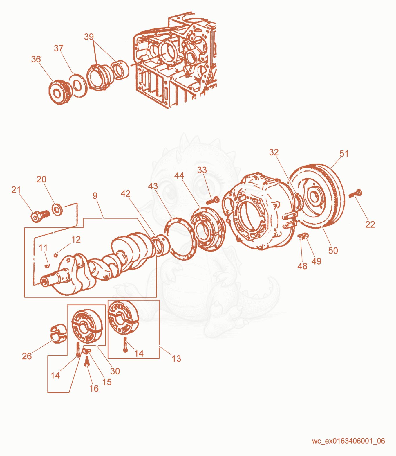Exploded parts diagram of the Crankshaft/Flywheel Side Support/Flywheel of a Wacker Neuson PT6LS, with numbered balloons
