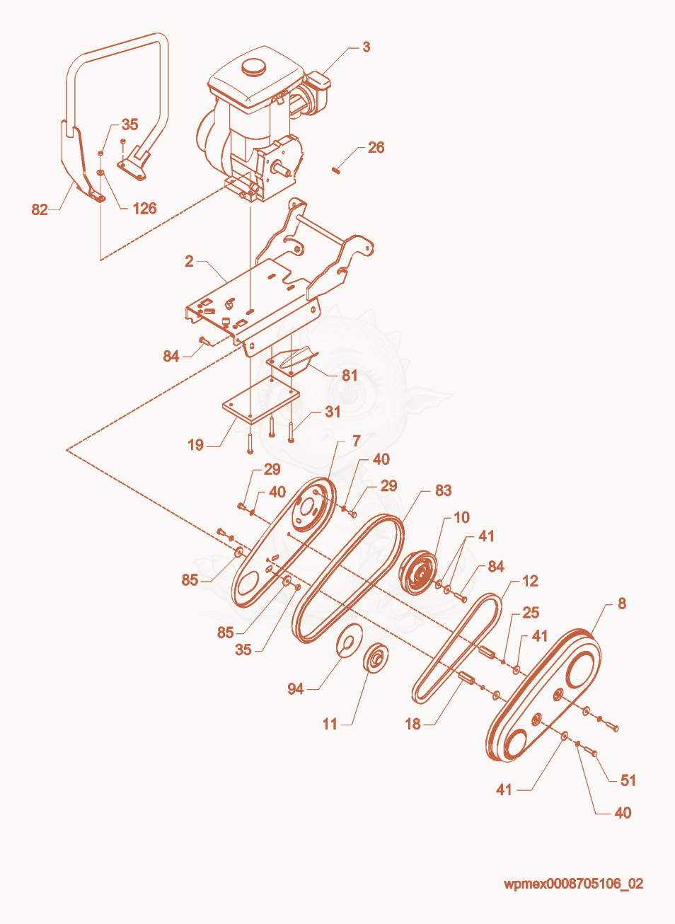 Exploded parts diagram of the Drive cpl. of a Wacker Neuson VP1340W-LL, with numbered balloons