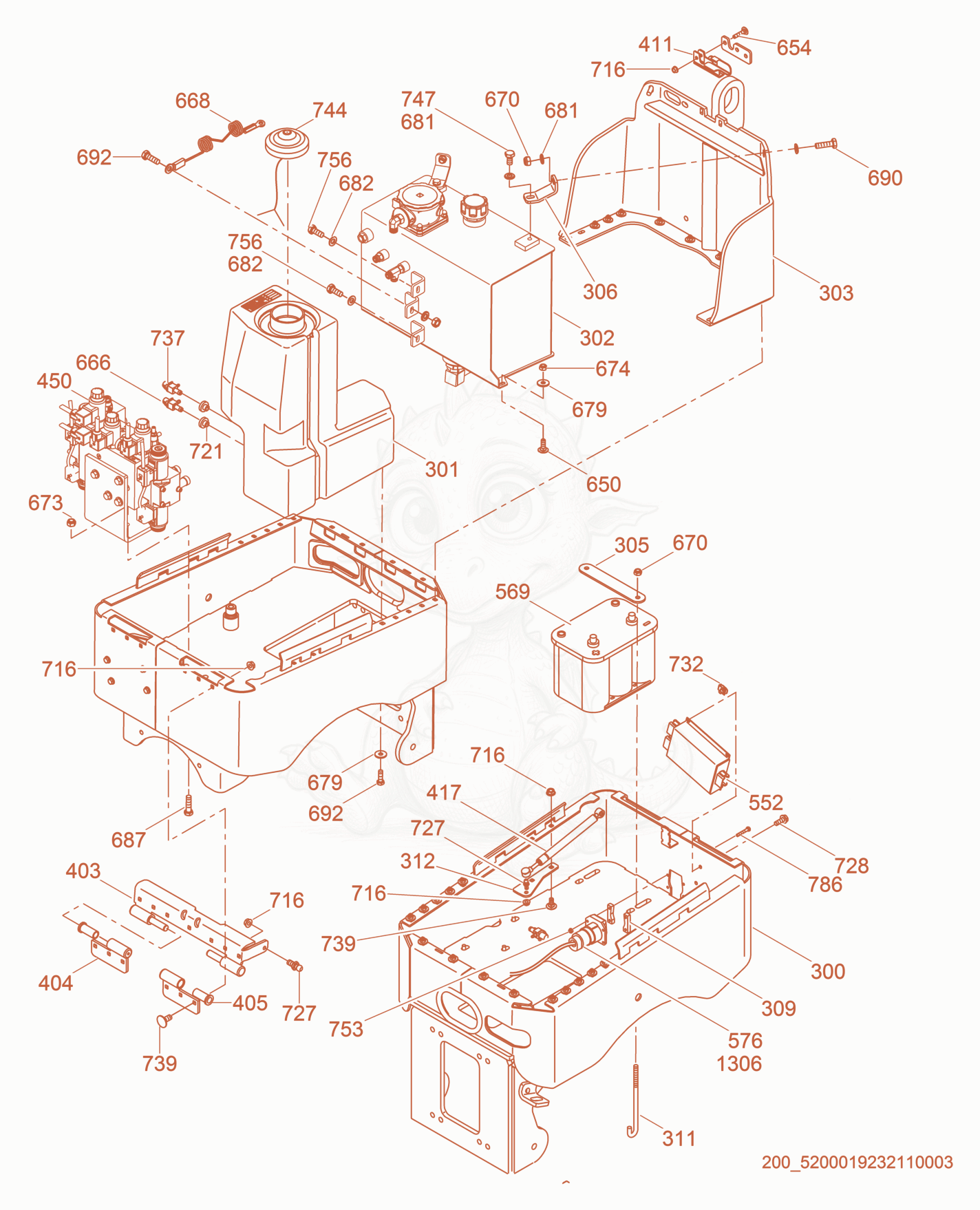 Exploded parts diagram of the Rear Frame of a Wacker Neuson RTL82-SC3, with numbered balloons
