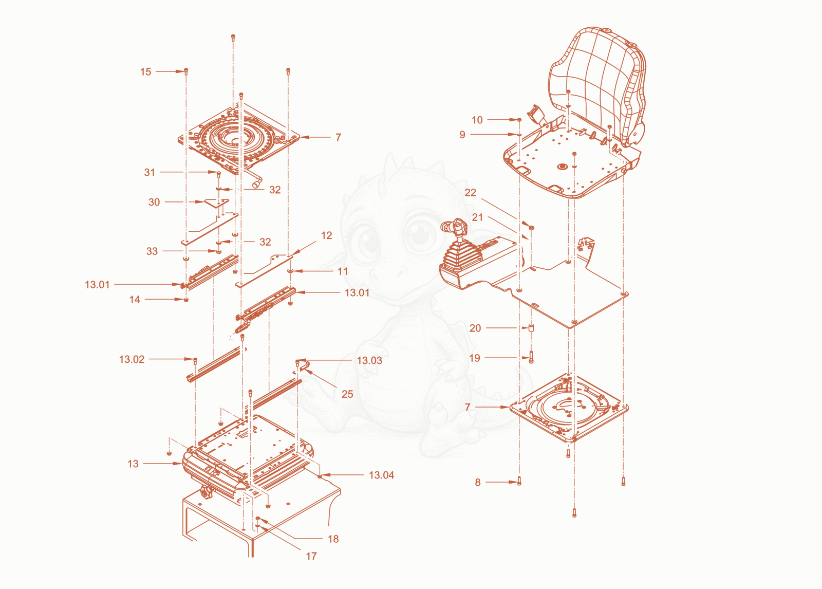 Exploded parts diagram of the operator's seat withadjustment of a Wacker Neuson RC50PDPFROPS, with numbered balloons