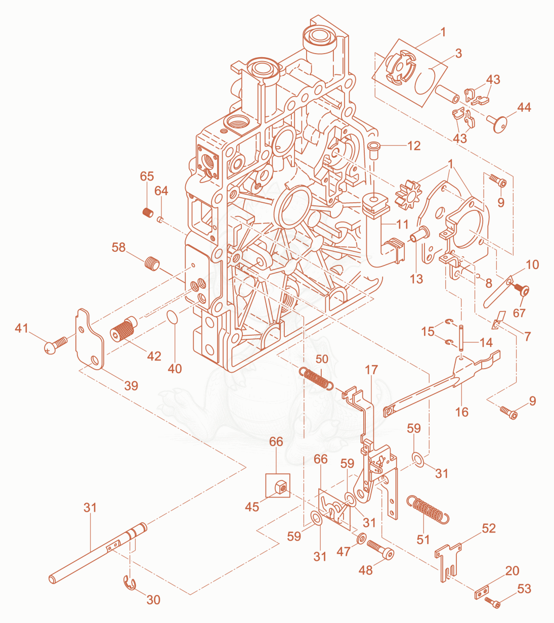 Exploded parts diagram of the Oil pump - Governor - Governor Bowden Cable of a Wacker Neuson DPU2550H, with numbered balloons