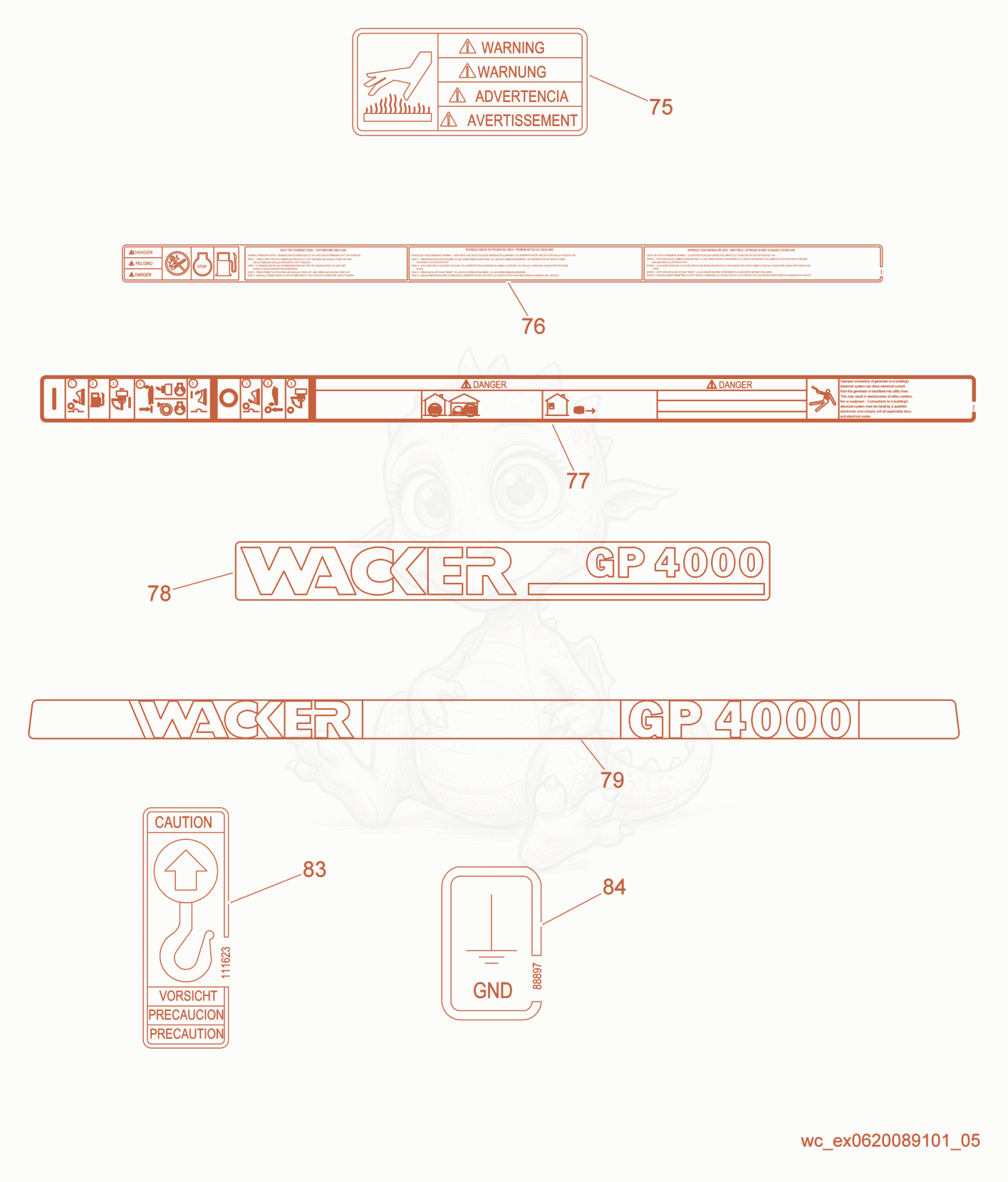Exploded parts diagram of the Labels of a Wacker Neuson GP4000, with numbered balloons