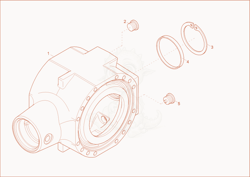 Despiece del central housing (front axle) de una máquina Wacker Neuson 2701AB, con globos numerados