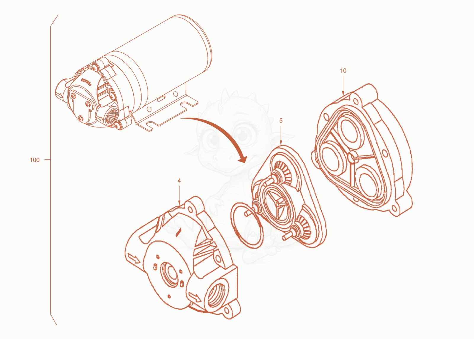 Exploded parts diagram of the water pump of a Wacker Neuson RD24-100CE, with numbered balloons