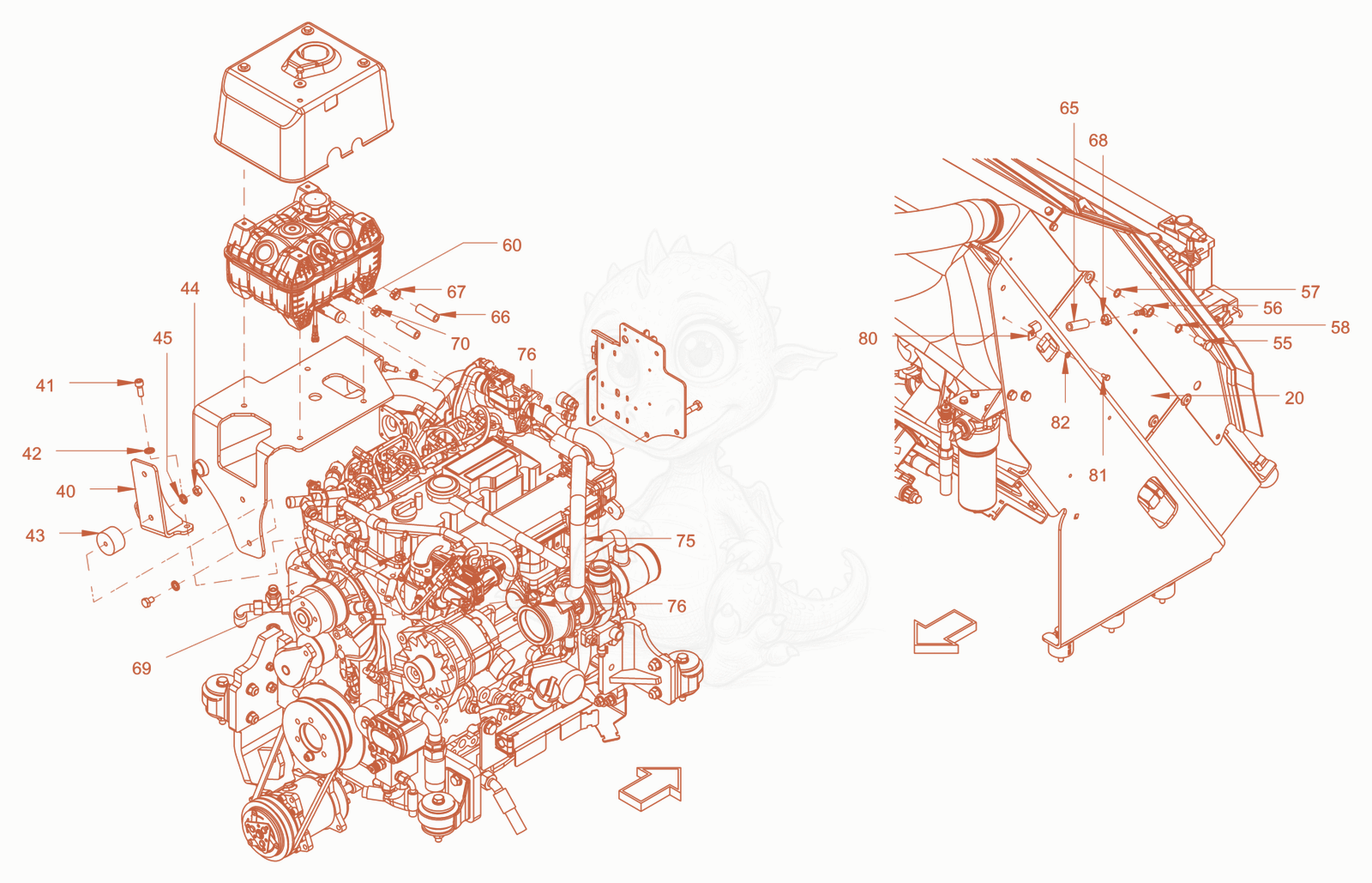Exploded parts diagram of the cooling (engine/hydraulic oil) of a Wacker Neuson RC110PUSROPS, with numbered balloons
