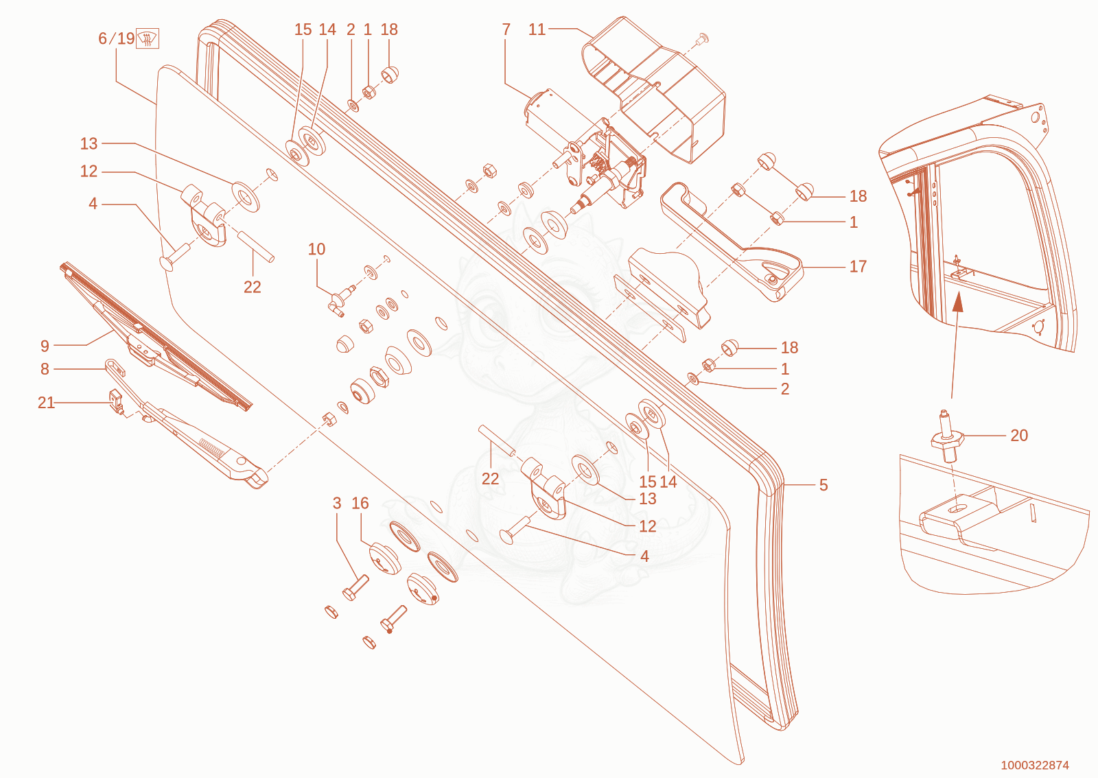 Exploded parts diagram of the rear window of a Wacker Neuson TH730(415-24), with numbered balloons