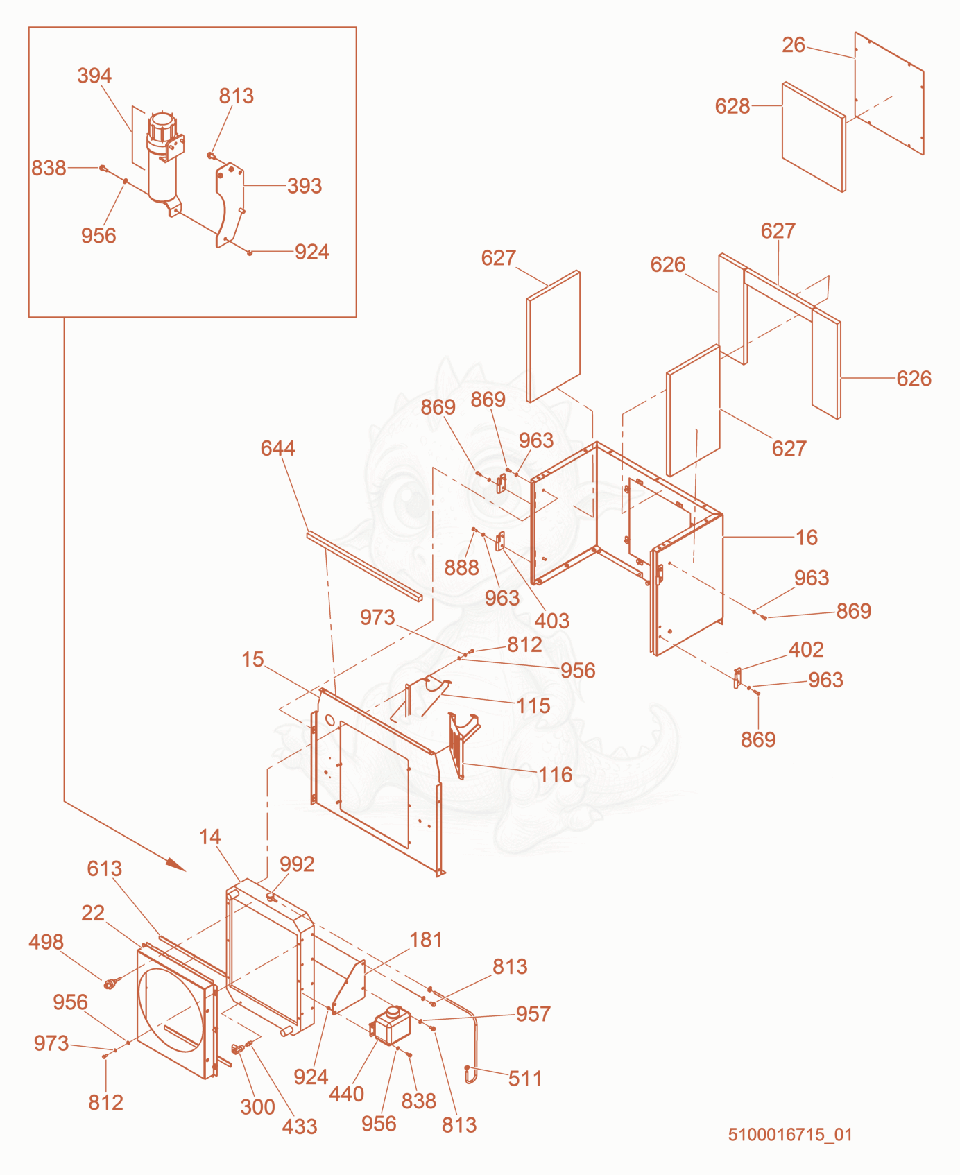 Exploded parts diagram of the Front Enclosure/Radiator of a Wacker Neuson G25, with numbered balloons