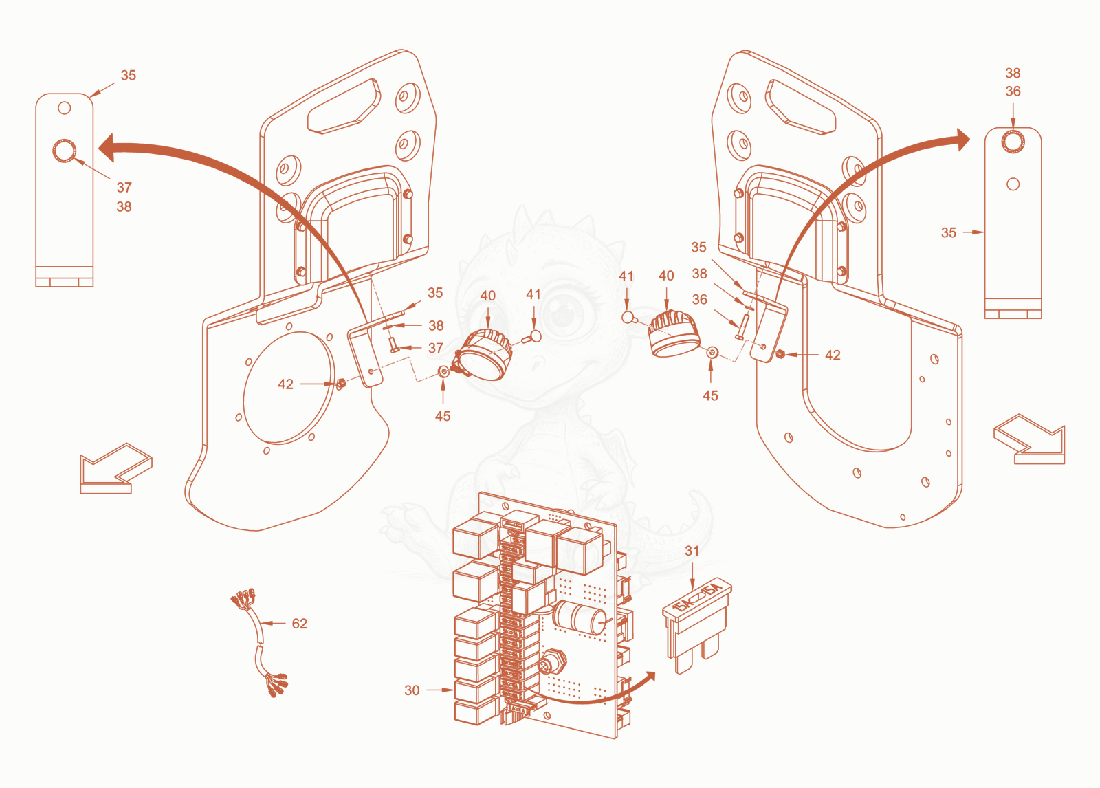 Exploded parts diagram of the roller drum lighting of a Wacker Neuson RD24-100O, with numbered balloons