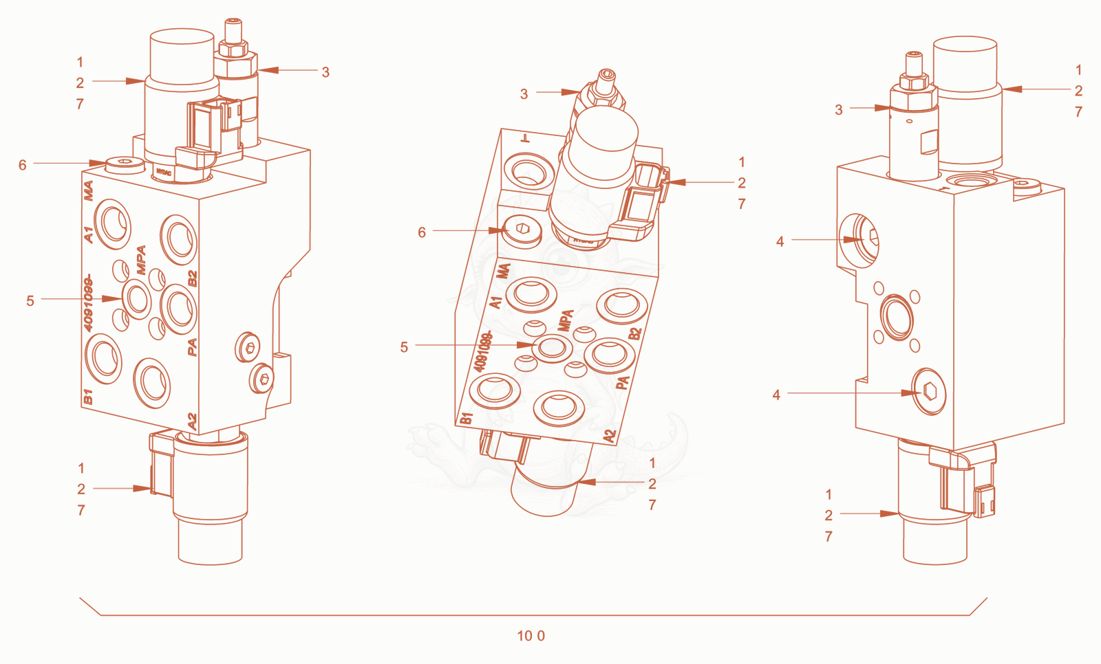 Exploded parts diagram of the valve block of a Wacker Neuson RD24-100O, with numbered balloons