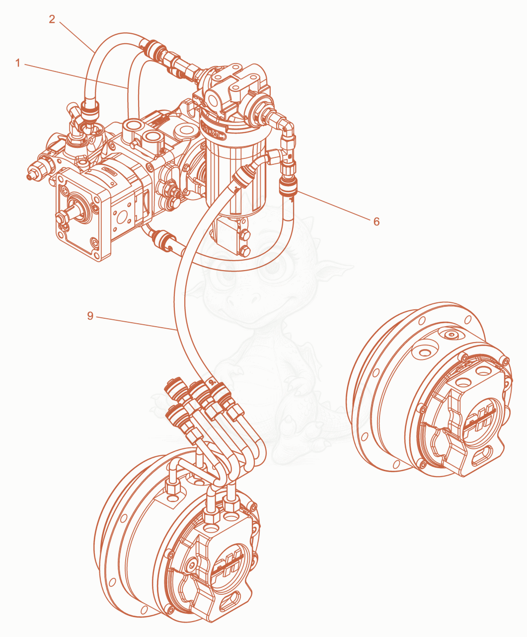 Exploded parts diagram of the Hydraulic hose - Hydraulic filter of a Wacker Neuson RD10YEHFLRC, with numbered balloons
